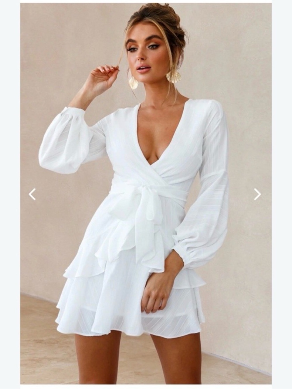 V-Neck White Tiered Wrap Dress with Tie Waist